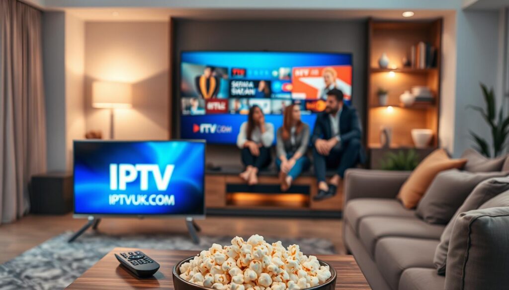 A modern living room scene showcasing IPTV streaming technology. In the foreground, a sleek flat-screen television displaying vibrant streaming content, with the logo "IPTVVUK.COM" subtly visible on the screen. Surrounding the TV, a stylish coffee table with a remote control and a bowl of popcorn, emphasizing a cozy home viewing atmosphere. The middle layer features a comfortable sofa with a relaxed family or group of friends watching the screen, dressed in smart casual attire, embodying the joy of cord-cutting. In the background, a well-decorated room with soft, warm lighting, highlighting elements like bookshelves and plants, creating an inviting ambiance. Use a slight depth of field to draw focus on the TV and viewers, conveying a sense of modern convenience and entertainment.