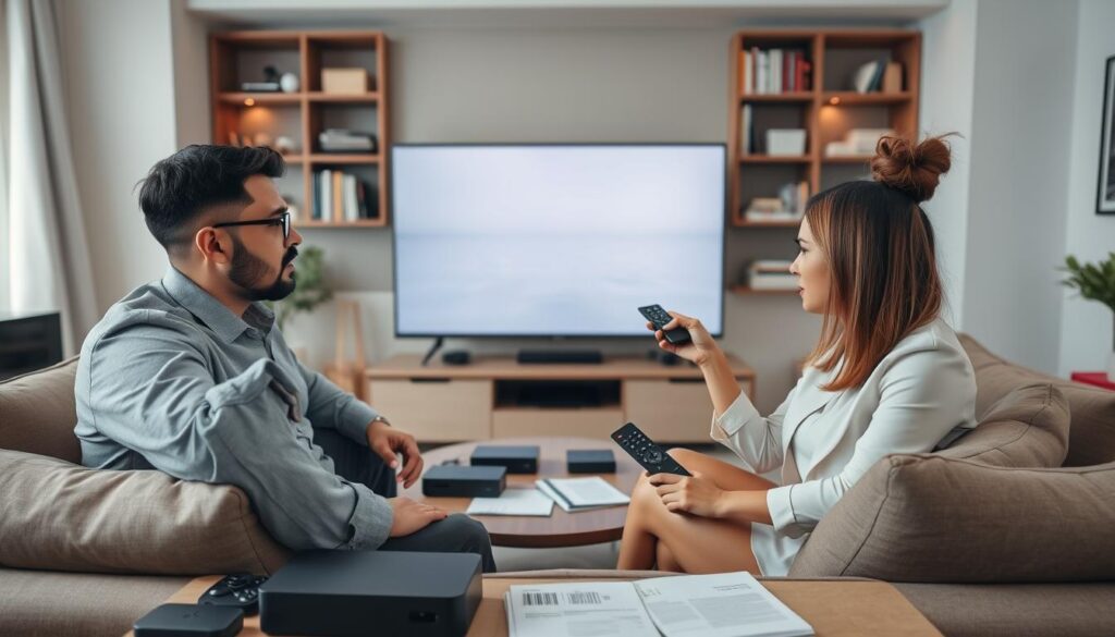 A modern living room scene showcasing a frustrated user troubleshooting IPTV issues. In the foreground, a diverse group of two professionals—a man in a smart casual shirt and a woman wearing a business blouse—sitting on a comfortable sofa, surrounded by streaming devices and smart gadgets. The middle layer features a large flat-screen TV displaying a frozen IPTV screen, with a remote control in the person's hand and troubleshooting guides scattered on the coffee table. The background reveals a cozy home atmosphere with soft lighting, highlighting a mix of tech gadgets and bookshelves, creating a relatable and engaging setting. The mood is one of determination and problem-solving, with a slight sense of urgency. Emphasize the brand "IPTVVUK.COM" subtly in the scene as part of the decor. A modern living room scene showcasing a frustrated user troubleshooting IPTV issues. In the foreground, a diverse group of two professionals—a man in a smart casual shirt and a woman wearing a business blouse—sitting on a comfortable sofa, surrounded by streaming devices and smart gadgets. The middle layer features a large flat-screen TV displaying a frozen IPTV screen, with a remote control in the person's hand and troubleshooting guides scattered on the coffee table. The background reveals a cozy home atmosphere with soft lighting, highlighting a mix of tech gadgets and bookshelves, creating a relatable and engaging setting. The mood is one of determination and problem-solving, with a slight sense of urgency. Emphasize the brand "IPTVVUK.COM" subtly in the scene as part of the decor.