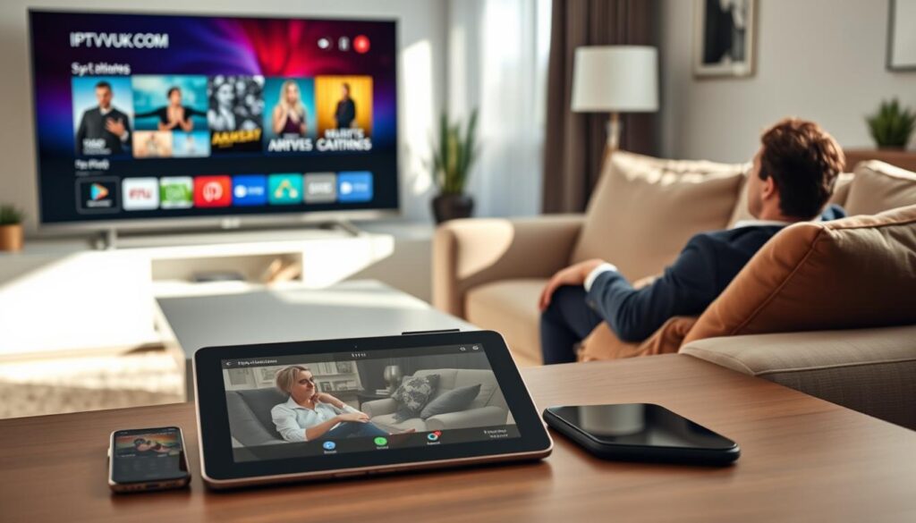 A modern living room scene showcasing an IPTV streaming setup on multiple devices, including a smart TV, a tablet, and a smartphone. The smart TV displays a vibrant user interface of IPTVVUK.COM, with engaging visuals of popular shows. In the foreground, a stylish, minimalistic coffee table holds the tablet, showing a streaming app open, while the smartphone on the side displays a notification. The middle ground captures the comfortable sofa with a person (in professional business attire) casually leaning back, enjoying the streaming experience. Soft, natural light filters through a window, creating a warm, inviting atmosphere, while the background features tasteful decor that emphasizes relaxation and modern technology. A dynamic angle highlights the devices and their interconnectedness, showcasing the convenience of IPTV on various screens.