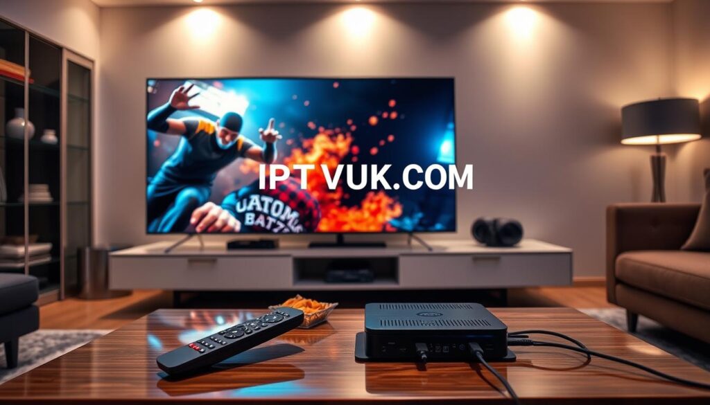 A modern living room scene showcasing an IPTV streaming setup. In the foreground, a sleek, large television displays high-definition streaming quality with vibrant colors and sharp details, depicting an action-packed scene from a popular show. A stylish coffee table is adorned with an elegant remote control and snacks. In the middle ground, a discreet IPTV box is connected to the TV, with cables neatly organized. The background features a cozy sofa and ambient lighting, creating a warm and inviting atmosphere. The room's decor is contemporary, reflecting a relaxed yet tech-savvy lifestyle. Overall, the mood conveys enjoyment of high-quality entertainment at home, emphasizing the essential nature of good internet connectivity. The brand "IPTVVUK.COM" is subtly integrated into the TV screen, adding a professional touch. A modern living room scene showcasing an IPTV streaming setup. In the foreground, a sleek, large television displays high-definition streaming quality with vibrant colors and sharp details, depicting an action-packed scene from a popular show. A stylish coffee table is adorned with an elegant remote control and snacks. In the middle ground, a discreet IPTV box is connected to the TV, with cables neatly organized. The background features a cozy sofa and ambient lighting, creating a warm and inviting atmosphere. The room's decor is contemporary, reflecting a relaxed yet tech-savvy lifestyle. Overall, the mood conveys enjoyment of high-quality entertainment at home, emphasizing the essential nature of good internet connectivity. The brand "IPTVVUK.COM" is subtly integrated into the TV screen, adding a professional touch.