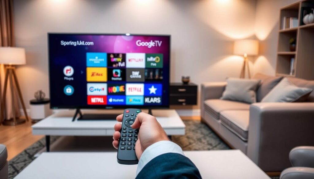 A modern living room scene showcasing an installation of the IPTV app from IPTVVUK.COM on a Google TV. The foreground features a sleek television displaying the IPTV app interface with vibrant colors and user-friendly icons. In the middle, a remote control sits on a stylish coffee table, while a hand, dressed in professional attire, presses buttons to navigate the app. The background features a cozy setting with comfortable sofas, ambient lighting from a floor lamp, and a small bookshelf, giving a welcoming atmosphere. The overall mood is focused and tech-savvy, illuminated by soft, warm lighting that enhances the modern decor. The image is captured from a slightly elevated angle to capture all elements clearly, emphasizing the setup process. A modern living room scene showcasing an installation of the IPTV app from IPTVVUK.COM on a Google TV. The foreground features a sleek television displaying the IPTV app interface with vibrant colors and user-friendly icons. In the middle, a remote control sits on a stylish coffee table, while a hand, dressed in professional attire, presses buttons to navigate the app. The background features a cozy setting with comfortable sofas, ambient lighting from a floor lamp, and a small bookshelf, giving a welcoming atmosphere. The overall mood is focused and tech-savvy, illuminated by soft, warm lighting that enhances the modern decor. The image is captured from a slightly elevated angle to capture all elements clearly, emphasizing the setup process.