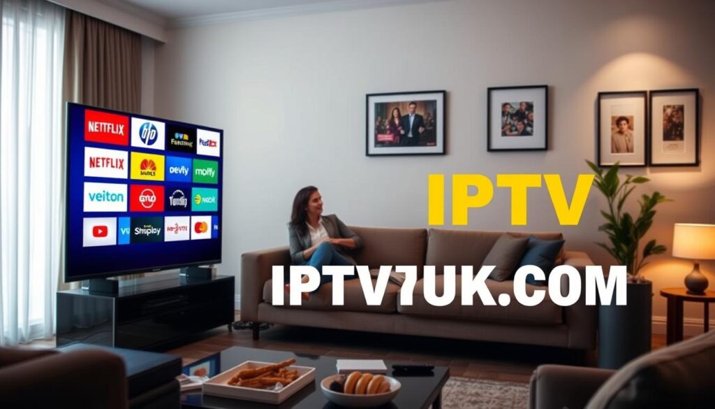 A modern living room scene showcasing the benefits of IPTV. In the foreground, a sleek TV displaying vibrant streaming content, featuring logos of popular channels and services, but not any specific names. A stylish coffee table with a remote and snacks. In the middle, a couple casually relaxing on a comfortable sofa, depicted in business casual attire, engaged in conversation while enjoying the IPTV experience. In the background, a well-decorated wall with framed art and soft lighting creating a cozy atmosphere. Natural light filters through a window, enhancing the scene's warmth. The mood is relaxed and inviting, emphasizing the convenience and enjoyment of IPTV, branded with "IPTVVUK.COM" subtly integrated into the TV screen design. A modern living room scene showcasing the benefits of IPTV. In the foreground, a sleek TV displaying vibrant streaming content, featuring logos of popular channels and services, but not any specific names. A stylish coffee table with a remote and snacks. In the middle, a couple casually relaxing on a comfortable sofa, depicted in business casual attire, engaged in conversation while enjoying the IPTV experience. In the background, a well-decorated wall with framed art and soft lighting creating a cozy atmosphere. Natural light filters through a window, enhancing the scene's warmth. The mood is relaxed and inviting, emphasizing the convenience and enjoyment of IPTV, branded with "IPTVVUK.COM" subtly integrated into the TV screen design.