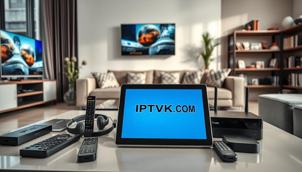 A modern living room set-up showcasing various devices compatible with IPTV services, such as smart TVs, tablets, smartphones, and streaming boxes, arranged on a sleek coffee table. In the foreground, a tablet displays the IPTVVUK.COM logo prominently on its screen, surrounded by remote controls and headphones. The middle layer features a stylish smart TV mounted on the wall, streaming high-definition content, while an elegant couch with decorative pillows adds comfort to the space. Soft, natural light filters in through large windows, creating a warm and inviting atmosphere, enhancing the tech-savvy vibe. The background includes shelves with books and decor items that subtly indicate a cozy yet modern lifestyle. Aim for a dynamic yet harmonious composition that reflects device compatibility and cross-platform performance.