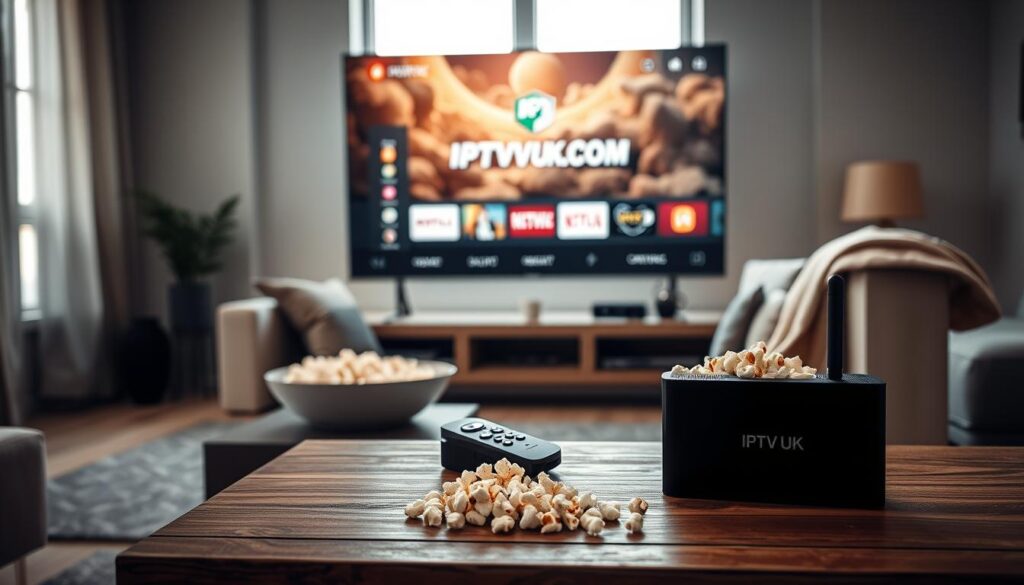 A modern living room setting featuring a sleek Android TV box prominently displaying the IPTVVUK.COM interface on a large flat-screen television. In the foreground, a stylish coffee table holds a remote control and a bowl of popcorn, conveying a cozy viewing atmosphere. The middle ground showcases a comfortable sofa with cushions, with a soft throw draped over one arm. A large window in the background allows natural light to illuminate the scene, enhancing the inviting mood. The color palette should be warm and inviting, emphasizing a relaxed space for enjoying entertainment. Capture this from a slightly low angle to highlight the TV screen and the setup, creating a cinematic feel without any text or branding beyond the IPTVVUK.COM logo on the screen. A modern living room setting featuring a sleek Android TV box prominently displaying the IPTVVUK.COM interface on a large flat-screen television. In the foreground, a stylish coffee table holds a remote control and a bowl of popcorn, conveying a cozy viewing atmosphere. The middle ground showcases a comfortable sofa with cushions, with a soft throw draped over one arm. A large window in the background allows natural light to illuminate the scene, enhancing the inviting mood. The color palette should be warm and inviting, emphasizing a relaxed space for enjoying entertainment. Capture this from a slightly low angle to highlight the TV screen and the setup, creating a cinematic feel without any text or branding beyond the IPTVVUK.COM logo on the screen.