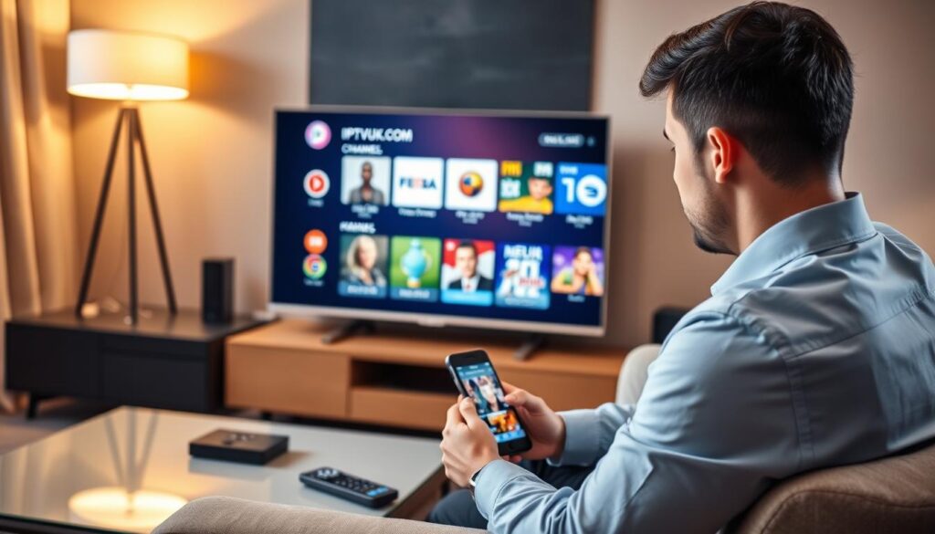 A modern living room setting featuring a sleek flat-screen television displaying an IPTV interface, showcasing various channels available through the app "IPTVVUK.COM." In the foreground, a professional-looking individual in business attire sits on a comfortable sofa, focused on the screen. The middle layer includes a coffee table with remote controls and a smartphone displaying the IPTV application. The background features warm lighting from a stylish lamp, creating a cozy atmosphere. Soft shadows and highlights enhance the scene, accentuating the advanced technology of IPTV streaming. The image conveys a sense of anticipation and enjoyment, while also reflecting the importance of legal considerations in media consumption.