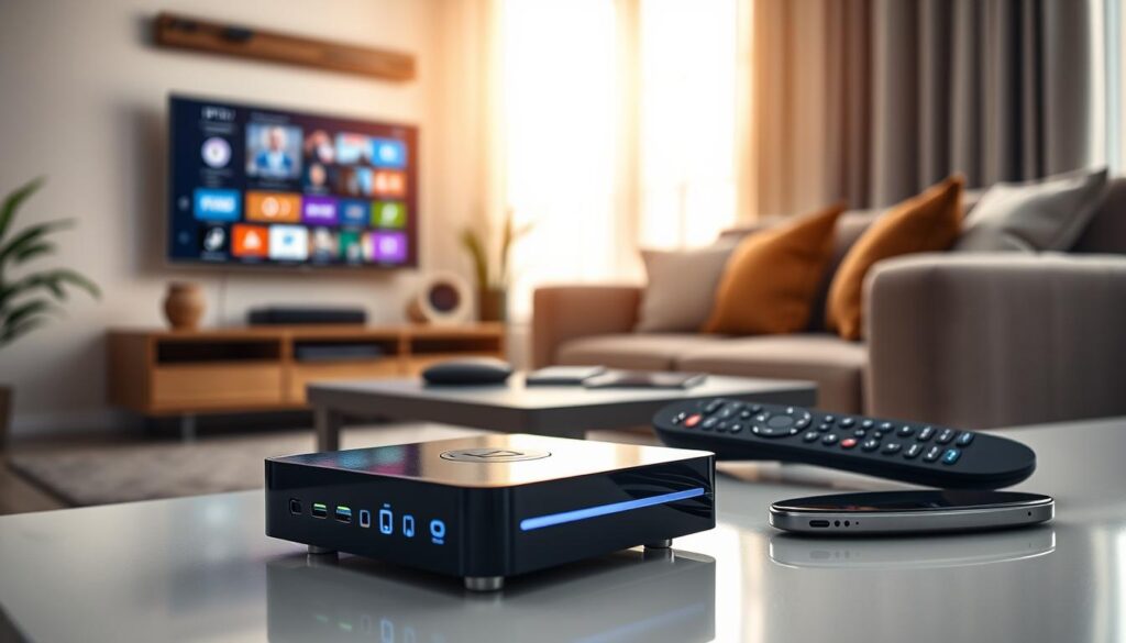 A modern living room setting featuring various IPTV devices, including a sleek streaming box, smart TV, and tablet displaying content from IPTVVUK.COM. In the foreground, a close-up of the streaming box with illuminated buttons and connectivity ports. The middle layer includes the smart TV mounted on the wall, showing a colorful user interface of channels. A cozy couch with stylish cushions occupies the right, while a coffee table displays a remote control and a smartphone. The background showcases a well-lit room with large windows allowing natural light to flood in, creating an inviting atmosphere. The scene conveys a sense of convenience and technological integration, emphasizing device compatibility for IPTV services. The lighting is warm and inviting, using a soft-focus lens to enhance depth of field and bring attention to the devices. A modern living room setting featuring various IPTV devices, including a sleek streaming box, smart TV, and tablet displaying content from IPTVVUK.COM. In the foreground, a close-up of the streaming box with illuminated buttons and connectivity ports. The middle layer includes the smart TV mounted on the wall, showing a colorful user interface of channels. A cozy couch with stylish cushions occupies the right, while a coffee table displays a remote control and a smartphone. The background showcases a well-lit room with large windows allowing natural light to flood in, creating an inviting atmosphere. The scene conveys a sense of convenience and technological integration, emphasizing device compatibility for IPTV services. The lighting is warm and inviting, using a soft-focus lens to enhance depth of field and bring attention to the devices.