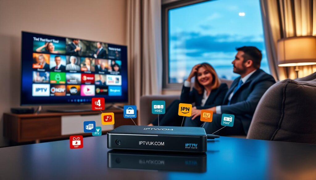 A modern living room setting serves as the foreground, featuring a stylish flat-screen TV displaying vibrant IPTV streaming content. In the middle, a sleek streaming device, labeled "IPTVVUK.COM", is connected to the TV, with colorful streaming icons surrounding it, symbolizing various legal IPTV services. A comfy sofa with a couple of individuals dressed in professional business attire engages with the content, their expressions curious and focused. In the background, soft ambient lighting creates a warm atmosphere, with a window showing a calm evening sky. The angle is slightly tilted for a dynamic perspective, capturing the essence of safe and legal IPTV streaming in a cozy home environment. A modern living room setting serves as the foreground, featuring a stylish flat-screen TV displaying vibrant IPTV streaming content. In the middle, a sleek streaming device, labeled "IPTVVUK.COM", is connected to the TV, with colorful streaming icons surrounding it, symbolizing various legal IPTV services. A comfy sofa with a couple of individuals dressed in professional business attire engages with the content, their expressions curious and focused. In the background, soft ambient lighting creates a warm atmosphere, with a window showing a calm evening sky. The angle is slightly tilted for a dynamic perspective, capturing the essence of safe and legal IPTV streaming in a cozy home environment.