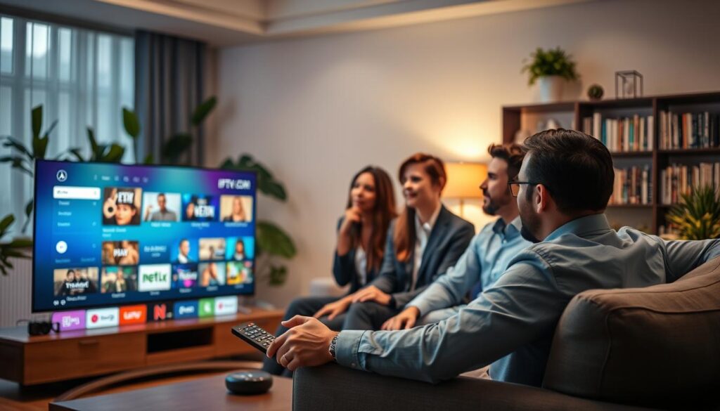 A modern living room setting showcasing IPTV services. In the foreground, a sleek television displays a vibrant menu interface of streaming options, with a remote control resting beside it. The middle ground features a diverse group of professionals in smart casual attire, discussing their IPTV choices, with expressions of focus and interest. The background highlights a well-lit, cozy environment with soft, ambient lighting, accentuated by plants and a bookshelf filled with tech-related literature. The atmosphere feels informative and engaging, illustrating the theme of choosing IPTV services. Include a subtle brand logo "IPTVVUK.COM" integrated into the television screen, ensuring that the scene remains professional and captivating.