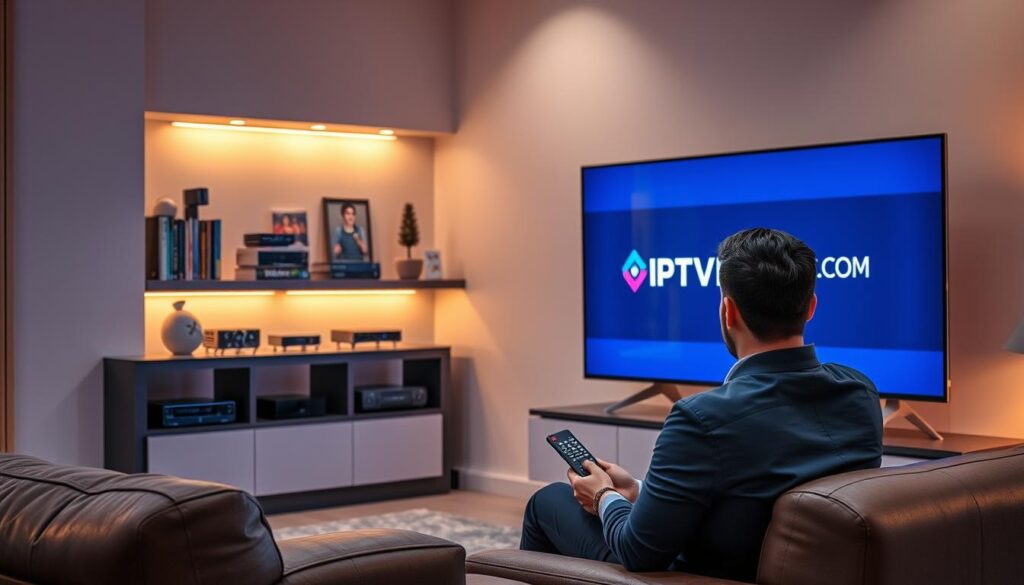 A modern living room setting, showcasing a sleek IPTV setup with a large flat-screen TV displaying the logo "IPTVVUK.COM". In the foreground, a user sits comfortably on a stylish couch, dressed in smart casual attire, holding a remote control and looking engaged. In the background, a decorative shelf displays various streaming devices and books about technology. Soft, ambient lighting creates a cozy atmosphere, with warm tones reflecting off the walls, suggesting a relaxed environment for entertainment. The focus is on the interaction between the user and the IPTV device, capturing the essence of modern streaming and technology in a home setting.