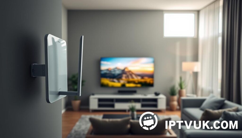 A modern living room setting showcasing a sleek, over-the-air HD antenna mounted on the wall, positioned prominently in the foreground. The antenna is elegantly designed with a minimalist aesthetic, featuring smooth lines and a glossy finish. In the middle background, a large flat-screen TV displays vibrant images of popular Canadian landscapes, symbolizing the diverse content available through IPTV services. Soft, natural lighting streams in through a window, creating a warm and inviting atmosphere. The room is tastefully decorated with contemporary furniture and plants, hinting at a comfortable viewing space for technology-savvy Canadians. The overall mood is relaxed and welcoming, emphasizing the accessibility of high-definition entertainment. Include branding elements subtly featuring the name "IPTVVUK.COM" integrated within the scene.