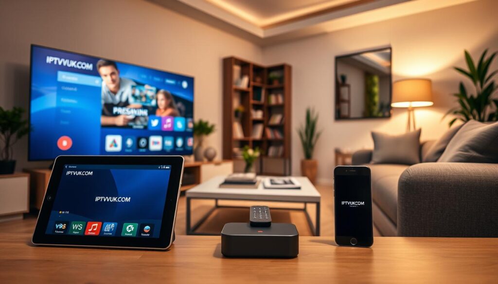 A modern living room setting showcasing a variety of devices compatible with an IPTV application. In the foreground, a sleek smart TV displaying an IPTV interface, flanked by a tablet and a smartphone, all featuring the logo "IPTVVUK.COM". The middle ground features a stylish coffee table with a remote control and a streaming device. The background is a cozy and well-lit environment with a bookshelf and plants, creating a relaxed atmosphere. The lighting is warm, suggesting an inviting evening scene, with soft shadows to enhance depth. The image should have a wide-angle perspective, giving a sense of space and showcasing the harmony of technology in everyday life, emphasizing device compatibility for users.