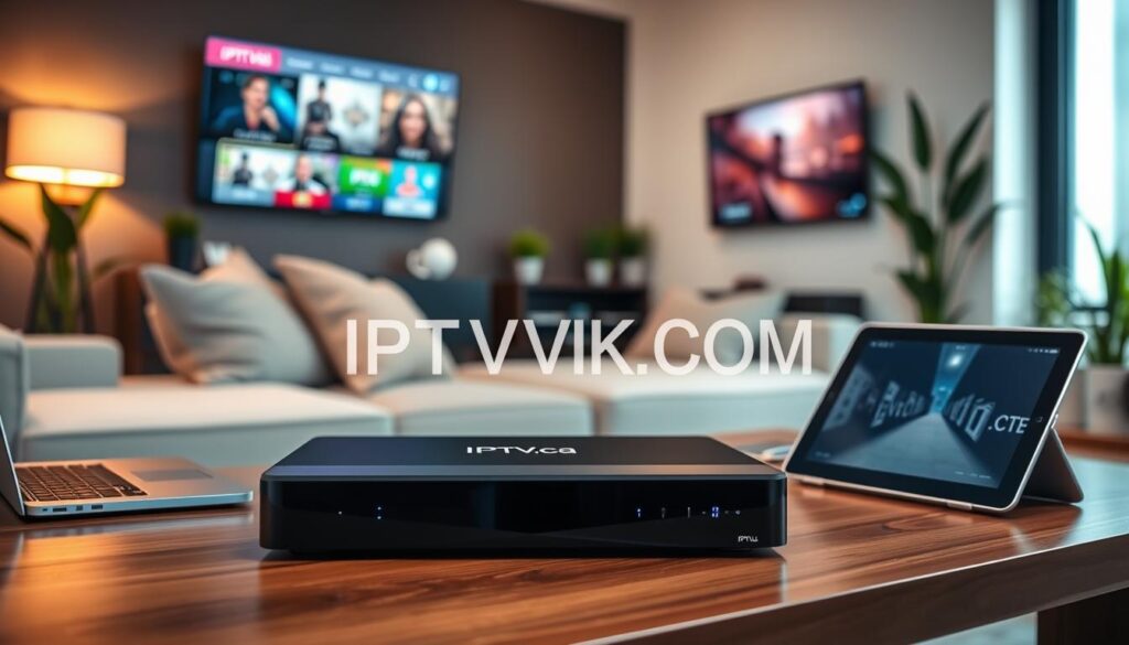 A modern living room setting showcasing an IPTV.ca device prominently on a stylish coffee table. In the foreground, the IPTV.ca device is sleek and modern, with LED indicators glowing softly. To the side, a laptop and a tablet illustrate device compatibility, displaying streaming interfaces. In the middle ground, a comfortable couch adorned with pillows invites viewers to sit and enjoy streaming content, with a large flat-screen TV mounted on the wall, showing vibrant streaming visuals. The background features soft, warm lighting that creates a cozy atmosphere, while houseplants add a touch of greenery. The overall mood is welcoming and tech-savvy, reflecting a contemporary lifestyle. Capture the image from a slightly elevated angle, using a soft-focus lens to emphasize the device and its compatibility with various technology in the room. The brand "IPTVVUK.COM" should be subtly integrated into the scene without any text overlays.