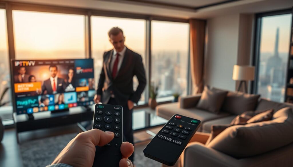 A modern living room setting showcasing an individual, dressed in professional business attire, interacting with a high-tech IPTV setup. In the foreground, a sleek, large smart TV displays vibrant streaming content. The middle ground highlights a user-friendly remote control featuring the "IPTVVUK.COM" logo, symbolizing optimization in streaming technology. In the background, tinted windows show a panoramic city view, bathed in warm afternoon sunlight that creates a cozy atmosphere. Soft shadows enhance the sleek furnishings, including a stylish couch and contemporary decor. The scene is captured from a slightly elevated angle, emphasizing both the tech and the user's engagement. The overall mood is inviting and sophisticated, illustrating the convenience and efficiency of IPTV optimization. A modern living room setting showcasing an individual, dressed in professional business attire, interacting with a high-tech IPTV setup. In the foreground, a sleek, large smart TV displays vibrant streaming content. The middle ground highlights a user-friendly remote control featuring the "IPTVVUK.COM" logo, symbolizing optimization in streaming technology. In the background, tinted windows show a panoramic city view, bathed in warm afternoon sunlight that creates a cozy atmosphere. Soft shadows enhance the sleek furnishings, including a stylish couch and contemporary decor. The scene is captured from a slightly elevated angle, emphasizing both the tech and the user's engagement. The overall mood is inviting and sophisticated, illustrating the convenience and efficiency of IPTV optimization.