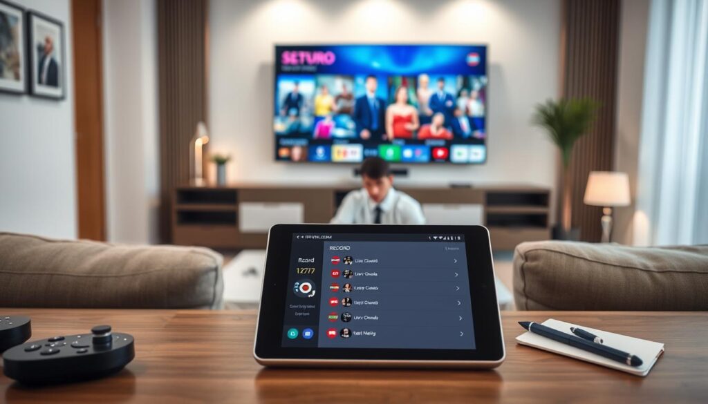 A modern living room setting showcasing the features of IPTV recording on an Android app. In the foreground, a sleek tablet displays a user-friendly interface with record options, listing live TV channels. Surrounding the tablet, there are remote controls and a notepad with a pen, indicative of planned recordings. The middle ground features a cozy couch with a person in professional attire, focused and engaged with the device. Soft, ambient lighting illuminates the room, creating a relaxed atmosphere. In the background, a large smart TV displays vibrant scenes from popular shows, enhancing the tech-savvy vibe. The image should reflect a blend of comfort and technology, emphasizing the ease of recording features offered by IPTVVUK.COM, with a clear focus on the home entertainment experience. A modern living room setting showcasing the features of IPTV recording on an Android app. In the foreground, a sleek tablet displays a user-friendly interface with record options, listing live TV channels. Surrounding the tablet, there are remote controls and a notepad with a pen, indicative of planned recordings. The middle ground features a cozy couch with a person in professional attire, focused and engaged with the device. Soft, ambient lighting illuminates the room, creating a relaxed atmosphere. In the background, a large smart TV displays vibrant scenes from popular shows, enhancing the tech-savvy vibe. The image should reflect a blend of comfort and technology, emphasizing the ease of recording features offered by IPTVVUK.COM, with a clear focus on the home entertainment experience.