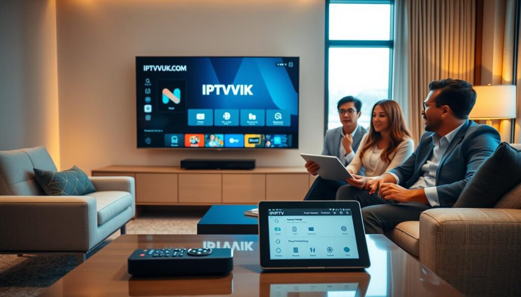 A modern living room setting with a sleek, smart TV prominently displaying the IPTVVUK.COM interface. In the foreground, there’s a stylish coffee table with a remote control and a digital tablet showing IPTV setup instructions. In the middle ground, a diverse group of three individuals (a woman and two men), dressed in professional business attire, are engaged in an animated discussion about the app setup. Soft, ambient lighting creates a cozy and inviting atmosphere, with warm tones illuminating the space. In the background, a window reveals a serene outdoor view, enhancing the sense of relaxation. The scene is shot from a slightly elevated angle, with a focus on the interaction among the people and the technology at play. A modern living room setting with a sleek, smart TV prominently displaying the IPTVVUK.COM interface. In the foreground, there’s a stylish coffee table with a remote control and a digital tablet showing IPTV setup instructions. In the middle ground, a diverse group of three individuals (a woman and two men), dressed in professional business attire, are engaged in an animated discussion about the app setup. Soft, ambient lighting creates a cozy and inviting atmosphere, with warm tones illuminating the space. In the background, a window reveals a serene outdoor view, enhancing the sense of relaxation. The scene is shot from a slightly elevated angle, with a focus on the interaction among the people and the technology at play.