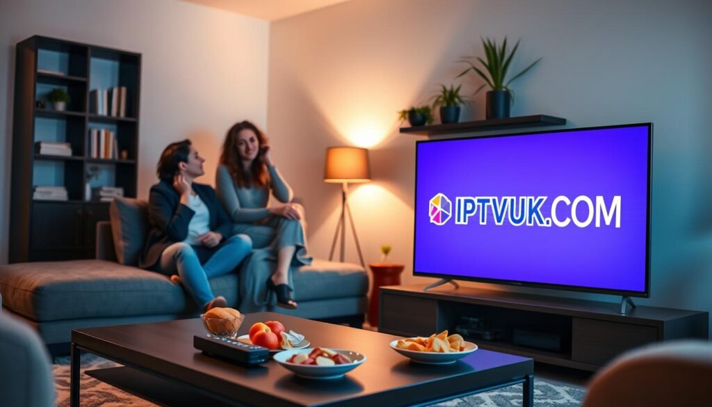 A modern living room setting with a sleek television displaying the logo "IPTVVUK.COM" prominently on the screen. In the foreground, a stylish coffee table is adorned with a remote control and snacks, creating a cozy and inviting atmosphere. A well-dressed professional couple is casually enjoying their evening in the background; they are dressed in smart, comfortable attire, engaged in a relaxed conversation about their streaming options. Soft ambient lighting casts a warm glow throughout the room, enhancing the homely feel. The background features a wall shelf with books and decorative plants, adding depth. The overall mood is friendly and inviting, emphasizing the enjoyment of legal streaming alternatives to cable TV, conveying a sense of connection and modern entertainment.