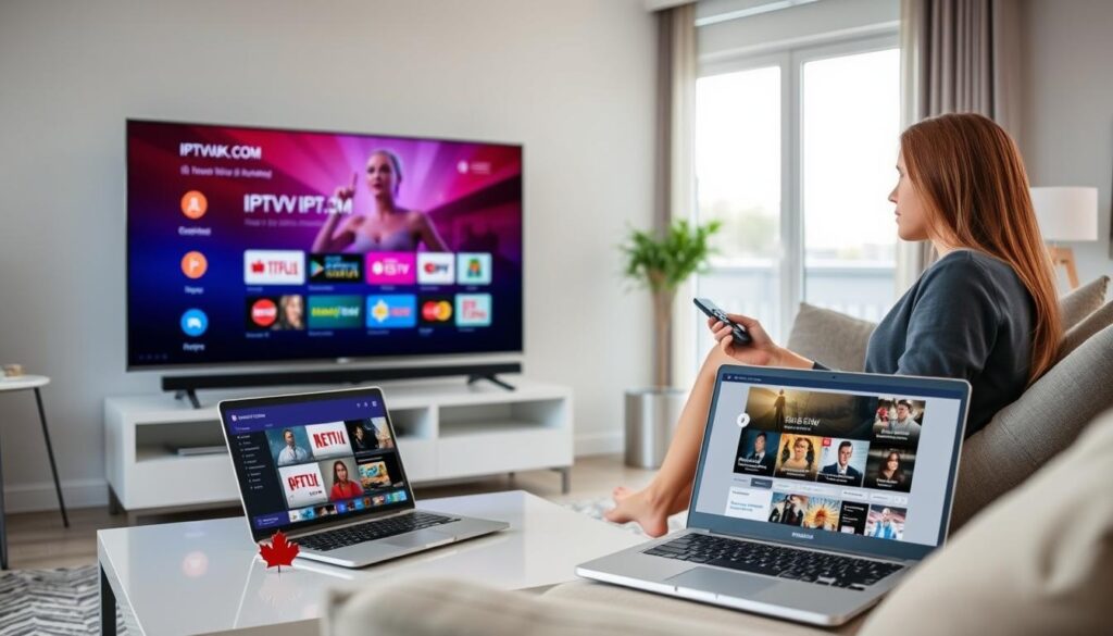 A modern living room setting with a sleek television showcasing a vibrant IPTV interface, emphasizing the theme of legal streaming options in Canada. In the foreground, a stylish young professional woman in modest casual clothing is relaxing on a comfortable couch, holding a remote control, with a thoughtful expression. The middle ground features a bright coffee table with a laptop open to the IPTVVUK.COM website, displaying a variety of streaming content. In the background, large windows let in soft, natural light, creating a warm and inviting atmosphere. The room is decorated with minimalistic decor, embodying a contemporary lifestyle, while elements of Canadian culture, like a small maple leaf ornament, subtly suggest the geographic context. The mood is informative yet relaxed, emphasizing a legal approach to IPTV viewing.