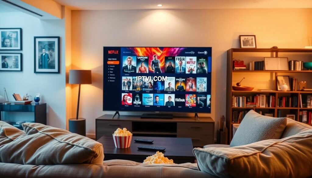 A modern living room setup featuring a sleek smart TV displaying a vibrant IPTV interface showcasing a selection of blockbuster movies. In the foreground, a comfortable couch adorned with plush cushions invites relaxation, while a coffee table holds popcorn and a remote control. The middle of the scene highlights the TV screen with vivid graphics, displaying the brand name "IPTVVUK.COM" prominently. The background features tasteful decorations, such as framed movie posters and a bookshelf filled with films. Soft, warm lighting creates a cozy and inviting atmosphere, while a wide-angle lens captures the entire room's ambiance. The overall mood is relaxed and contemporary, emphasizing the enjoyment of streaming movies through an IPTV service.