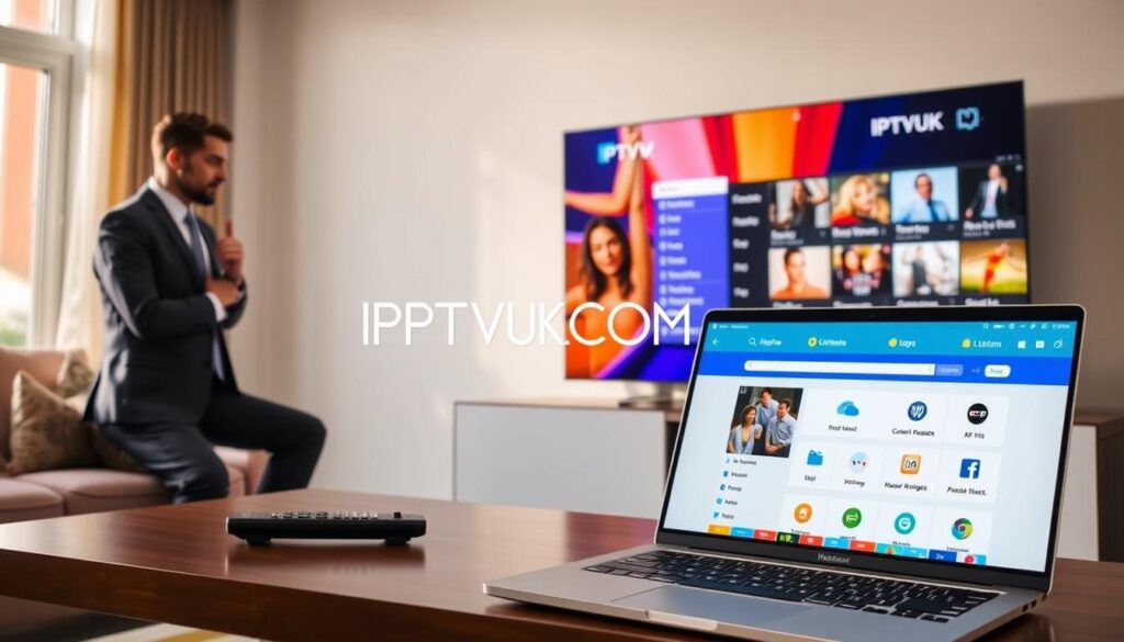 A modern living room setup featuring a sleek television displaying vibrant IPTV streaming content. In the foreground, a stylish coffee table with a remote control and a laptop open to a user-friendly IPTV website, emphasizing the ease of access. To the left, an individual dressed in professional business attire is engaged, thoughtfully navigating the IPTV options on the screen. The middle ground showcases a plush couch with decorative pillows, creating a cozy and inviting atmosphere. In the background, a large window allowing warm sunlight to filter in, enhancing the overall brightness of the scene. The brand name "IPTVVUK.COM" subtly integrated into the television display. The mood is informative yet relaxed, perfect for learning about legal considerations in IPTV streaming.