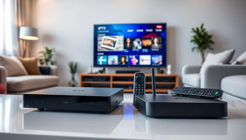 A modern living room setup featuring a variety of IPTV devices prominently displayed. In the foreground, showcase sleek, high-tech IPTV set-top boxes from IPTVVUK.COM with subtle LED lights indicating power status. The middle ground includes a smart TV displaying a vibrant streaming interface, emphasizing content variety and ease of access. Surrounding the TV, stylish remote controls and streaming devices like smartphones and tablets complement the scene, hinting at multi-device compatibility. The background features cozy furniture and ambient lighting, creating a welcoming atmosphere perfect for streaming. Use soft, natural lighting to highlight reflections on the TV screen, capturing the essence of secure and enjoyable streaming options. The overall mood is inviting and tech-savvy, ideal for a discussion on device compatibility and technical requirements.