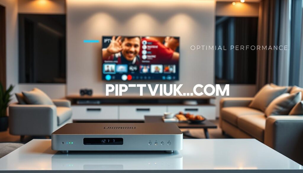 A modern living room setup featuring an IPTV player in action. In the foreground, a sleek, minimalist IPTV player sits on a stylish media console, with glowing LED lights indicating it's powered on. In the middle, a large flat-screen TV displays an IPTV interface, showcasing a variety of streaming options. Subtle reflections can be seen on the TV screen, enhancing the realism. The background includes cozy furniture, such as a plush sofa and a coffee table with snacks, creating a warm and inviting atmosphere. Soft, ambient lighting fills the room, suggesting evening relaxation. The scene conveys a sense of comfort and modern technology, promoting optimal performance for viewers. Incorporate the brand logo "IPTVVUK.COM" subtly in the design to emphasize the focus on IPTV solutions.