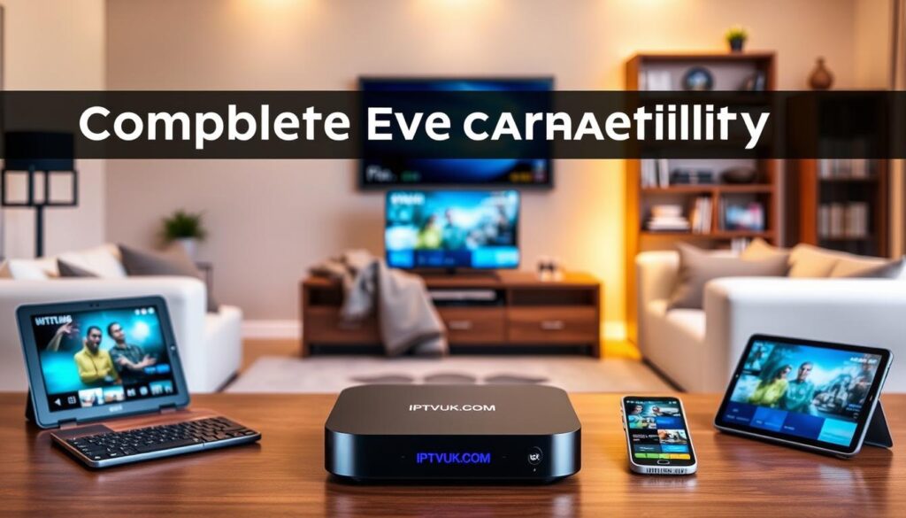 A modern living room setup highlighting the complete device compatibility of IPTV Quebec services. In the foreground, a sleek IPTV streaming device prominently displays the brand name "IPTVVUK.COM". Surrounding the device are various compatible gadgets: a smart TV, tablet, laptop, and smartphone, showcasing diverse screens streaming content. In the middle ground, a stylish sofa with a cozy throw blanket creates a warm atmosphere. The background features a softly lit wall with minimalistic decor, enhancing the focus on the devices. The lighting is warm and inviting, with a slight glow that suggests evening entertainment. The overall mood is relaxed and welcoming, perfect for cord-cutters enjoying their favorite shows.