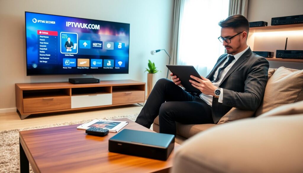 A modern living room setup illustrating IPTV setup and optimization, featuring a sleek, flat-screen TV displaying IPTVVUK.COM streaming interface. In the foreground, a stylish coffee table with a remote control and a user guide. The middle layer includes a comfortable sofa where a professional individual, dressed in smart casual attire, is adjusting settings on a tablet, showing focus and engagement. The background features soft, ambient lighting, with shelves containing electronic devices like a router and streaming boxes. The overall mood is inviting and tech-savvy, with bright, natural light streaming through the window, highlighting a sense of modern comfort and efficiency in media consumption.
