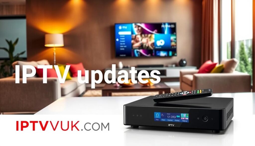 A modern living room setup illustrating "IPTV updates," focusing on a sleek IPTV player with a vibrant screen displaying various streaming options. In the foreground, a stylish coffee table hosts a remote control and snacks, enhancing the cozy atmosphere. In the middle, a plush sofa with colorful cushions invites viewers to relax and enjoy content. The background features a large flat-screen TV showcasing the IPTV interface with visually appealing graphics. Warm, ambient lighting creates a welcoming environment, while natural light spills in through a large window, adding a touch of realism. The mood is engaging and inviting, reflecting the excitement of enhancing the IPTV viewing experience. Prominently displayed is the logo "IPTVVUK.COM," blending seamlessly into the design, emphasizing the modernities of IPTV technology.