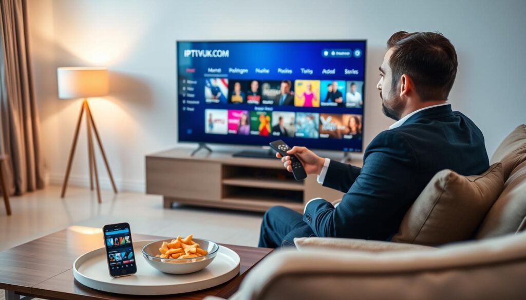 A modern living room setup is featured, focusing on a sleek smart TV displaying the IPTVVUK.COM app interface. In the foreground, a well-dressed individual, comfortably seated, holds a remote control, deep in thought as they navigate through a visually appealing menu with vibrant thumbnails of shows and movies. The middle ground reveals a stylish coffee table adorned with snacks and a smartphone displaying related IPTV content. In the background, soft ambient lighting from floor lamps creates a cozy atmosphere, enhancing the feeling of relaxation. The composition is shot from a slightly elevated angle, emphasizing the technology in use while fostering a sense of engagement and convenience in setting up the IPTV app. A modern living room setup is featured, focusing on a sleek smart TV displaying the IPTVVUK.COM app interface. In the foreground, a well-dressed individual, comfortably seated, holds a remote control, deep in thought as they navigate through a visually appealing menu with vibrant thumbnails of shows and movies. The middle ground reveals a stylish coffee table adorned with snacks and a smartphone displaying related IPTV content. In the background, soft ambient lighting from floor lamps creates a cozy atmosphere, enhancing the feeling of relaxation. The composition is shot from a slightly elevated angle, emphasizing the technology in use while fostering a sense of engagement and convenience in setting up the IPTV app.