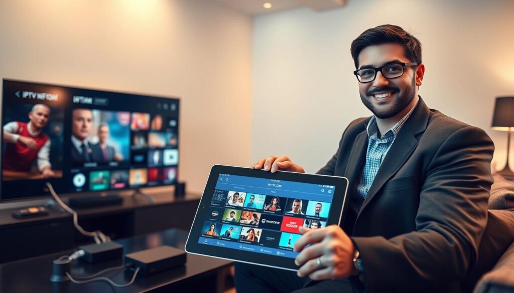 A modern living room setup showcasing the IPTV installation process for the service "IPTVVUK.COM". In the foreground, a friendly, tech-savvy individual in professional attire is connecting cables from a sleek Smart TV to a small IPTV device and a Wi-Fi router. In the middle, an open tablet displaying the IPTV interface with diverse streaming options highlighted. The background features a stylish interior with cozy furniture and soft ambient lighting, inviting a sense of comfort and modernity. The lighting is warm and natural, creating a friendly atmosphere that encourages exploring new technology. The angle captures the setup from a slightly elevated perspective to emphasize the IPTV device and the TV screen collaboratively displaying vibrant streaming content. The scene is engaging and instructive, illustrating the simplicity of accessing IPTV.