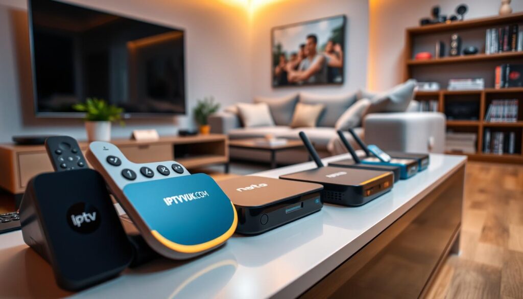 A modern living room setup showcasing various IPTV devices on a sleek media console. In the foreground, vibrant streaming devices with distinct brands, especially featuring "IPTVVUK.COM", are displayed prominently alongside a smart TV. The middle ground reveals a cozy sofa with subtle decorative elements, like a plant and remote controls. The background includes soft ambient lighting and a shelf with DVDs and tech gadgets, creating a tech-savvy environment. The overall atmosphere is inviting and contemporary, emphasizing the integration of technology in home entertainment. Use a wide-angle lens perspective to capture the entire scene with warm lighting that evokes a sense of comfort and modern living, suitable for the Canadian audience.