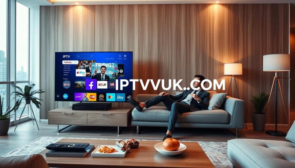 A modern living room showcasing IPTV services in action. In the foreground, a sleek, flat-screen television displays an engaging IPTV interface with colorful channel options and vibrant visuals. The middle layer features a comfortable sofa with a person in professional business attire, relaxed and focused on their device, representing an engaged viewer. Surrounding elements include a stylish coffee table with a remote control and snacks, creating a cozy environment. In the background, soft ambient lighting enhances the inviting atmosphere, while hints of a cityscape visible through a window add depth. The overall mood is contemporary and dynamic, embodying the shift towards IPTV. Prominently include the brand logo "IPTVVUK.COM" on the television screen.