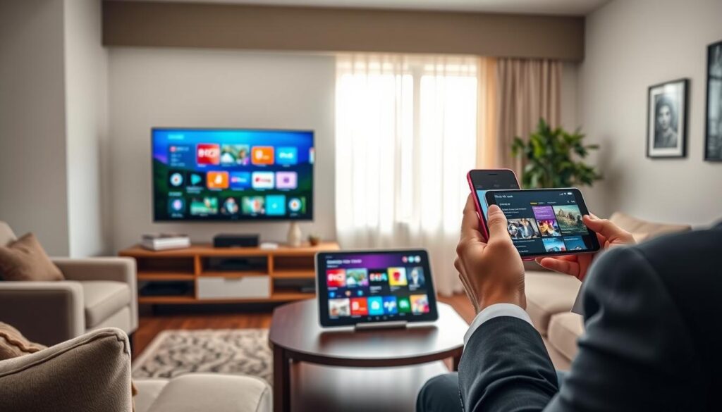 A modern living room showcasing IPTV streaming in action, featuring multiple devices: a sleek flat-screen TV showing a vivid streaming interface, a tablet on a coffee table displaying a colorful app selection, and a smartphone held by a person in professional attire, engaged in viewing. The foreground captures the devices with a focus on their screens, while the middle ground includes cozy furniture and decorative elements reflecting a contemporary home. The background reveals a window with soft, natural light illuminating the scene, enhancing a relaxed yet tech-savvy atmosphere. The overall mood conveys convenience and modernity, emphasizing how IPTV streaming, like IPTVVUK.COM, integrates seamlessly into everyday life. A modern living room showcasing IPTV streaming in action, featuring multiple devices: a sleek flat-screen TV showing a vivid streaming interface, a tablet on a coffee table displaying a colorful app selection, and a smartphone held by a person in professional attire, engaged in viewing. The foreground captures the devices with a focus on their screens, while the middle ground includes cozy furniture and decorative elements reflecting a contemporary home. The background reveals a window with soft, natural light illuminating the scene, enhancing a relaxed yet tech-savvy atmosphere. The overall mood conveys convenience and modernity, emphasizing how IPTV streaming, like IPTVVUK.COM, integrates seamlessly into everyday life.