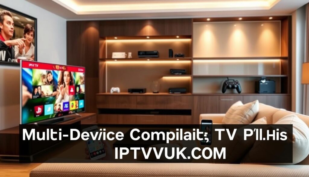 A modern living room showcasing "Multi-Device Compatibility IPTV Plus" in an inviting atmosphere. In the foreground, a sleek smart TV displays vibrant content, with a tablet and smartphone beside it, both showing the same IPTV interface for seamless streaming. In the middle, a comfortable couch is adorned with plush cushions, inviting viewers to relax while enjoying various devices. The background features elegant shelving with entertainment devices like a streaming box and gaming console, subtly lit with soft ambient lighting. The scene is well-composed with a slight depth of field, and a warm color palette that conveys a cozy, tech-savvy environment. The brand name "IPTVVUK.COM" is subtly incorporated into the image design without any text overlays or distractions.