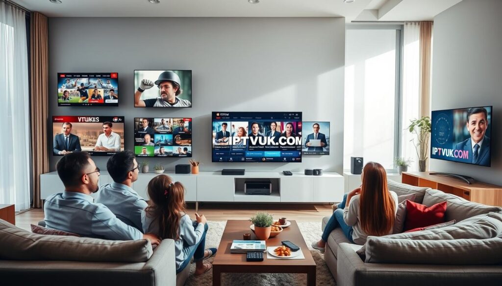A modern living room showcasing multiple screens displaying a variety of IPTV channels, illustrating the diversity and affordability of IPTV services. In the foreground, a family of four is comfortably seated on a stylish couch, engaged in watching different programs—films, sports, and news—on sleek televisions mounted on a wall. The middle ground features a coffee table with snacks and remote controls, enhancing the cozy atmosphere. In the background, soft natural lighting filters through large windows, creating a warm and inviting space. The color palette includes soft blues and warm neutrals, evoking a sense of comfort and accessibility. Prominently displayed on one screen is the brand name "IPTVVUK.COM". The mood is relaxed and cheerful, emphasizing the benefits of affordable IPTV services.