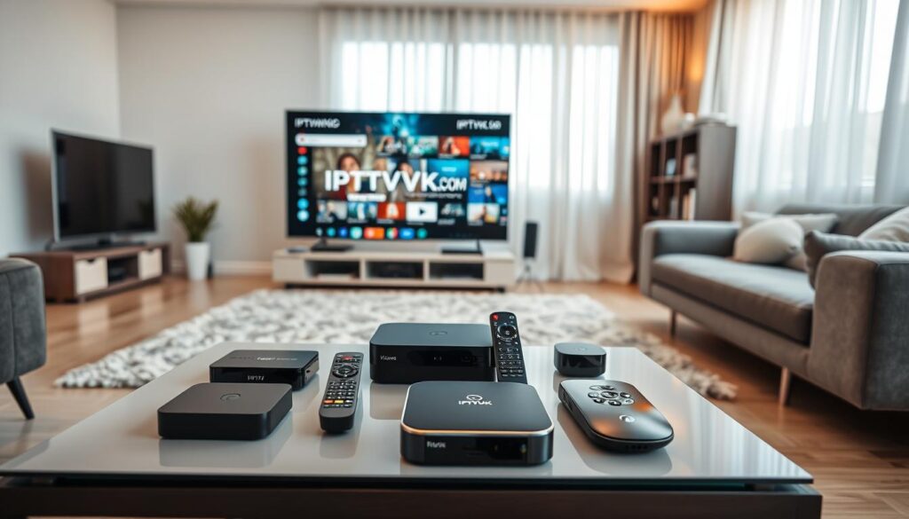 A modern living room showcasing various IPTV devices on a sleek coffee table. In the foreground, a high-definition smart TV displays vivid streaming content with the logo "IPTVVUK.COM" subtly highlighted. Surrounding the TV are popular IPTV devices like streaming boxes, smart remotes, and a mini projector. The middle ground features an inviting sofa and soft rug, creating a cozy space, while in the background, gentle daylight filters through sheer curtains, enhancing the warm, welcoming atmosphere. The image is captured with a wide-angle lens to emphasize the space, with soft focus on the devices to draw attention to their compatibility and quality, reflecting a professional yet relaxed vibe perfect for tech-savvy viewers.