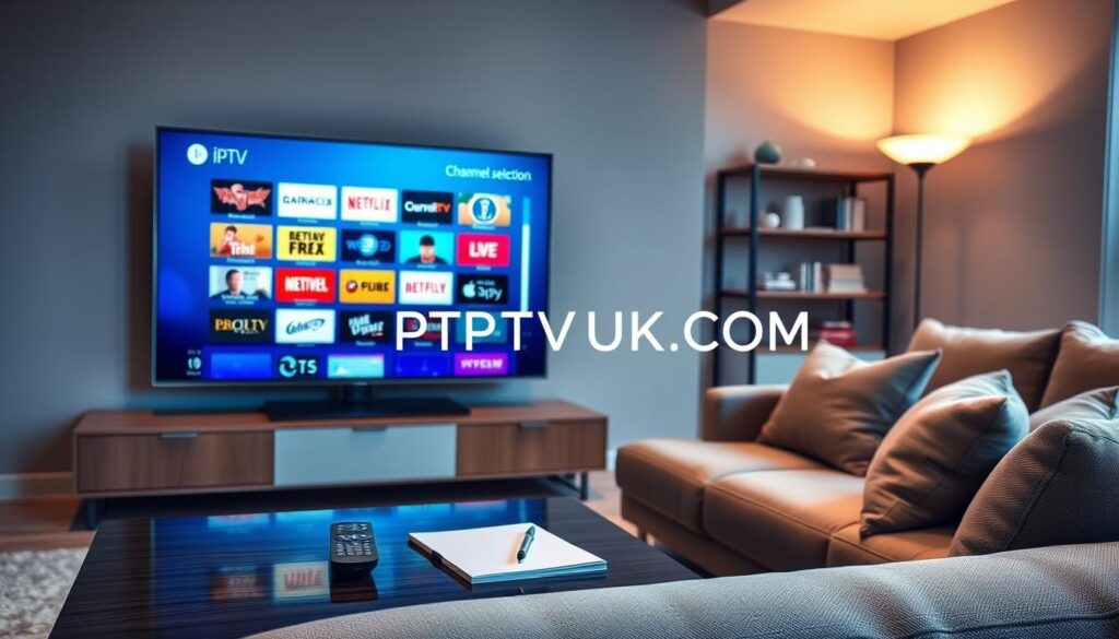 A modern living room with a sleek flat-screen TV displaying an IPTV channel selection interface, featuring colorful thumbnails of various channels. In the foreground, a stylish coffee table holds a remote control and a notepad. In the middle ground, a comfortable sofa with plush cushions is oriented towards the TV, inviting a cozy viewing experience. The background shows soft ambient lighting with a warm glow from a floor lamp, highlighting a shelf filled with books and decorative items. The atmosphere is relaxed and contemporary, reflecting a family-friendly environment. Add the brand name "IPTVVUK.COM" subtly integrated into the scene. Use a wide-angle lens to capture the entire room, and ensure the lighting emphasizes the vibrant colors of the channel thumbnails without harsh shadows. Keep the composition clean and uncluttered for a professional look.