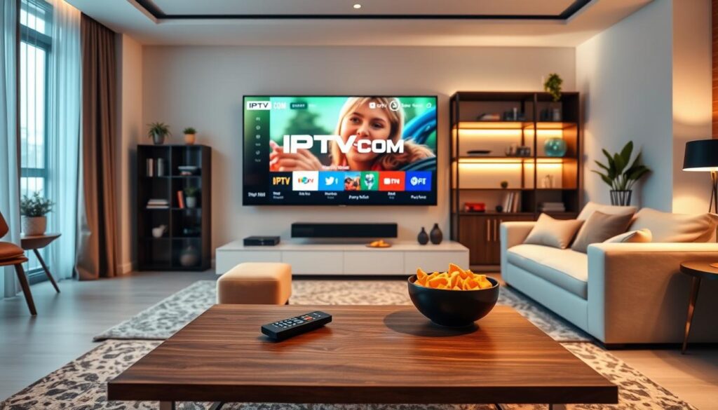 A modern living room with a sleek, large-screen TV displaying a colorful IPTV streaming service interface, prominently featuring the brand "IPTVVUK.COM". In the foreground, a stylish coffee table with a remote control and snack bowl, conveying a cozy viewing experience. The middle ground showcases a comfortable sofa with plush cushions, with a rug underneath. In the background, soft ambient lighting generates a warm atmosphere, while decorative elements like a bookshelf and indoor plants enhance the inviting space. The scene is shot from a slightly elevated angle to provide a comprehensive view of the room, suggesting a relaxed, engaging vibe, perfect for enjoying TV Android IPTV services. No text or captions included.