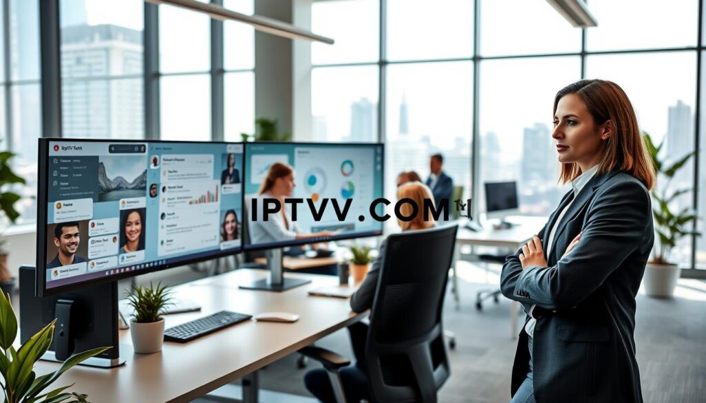 A modern office environment featuring a sleek workstation with multiple monitors displaying a user-friendly IPTV solution chat interface. The foreground features a confident professional in business attire, engaging with the chat interface, showcasing interaction and teamwork. In the middle, a diverse group of professionals collaborate, looking at charts and data analytics related to IPTV solutions. The background has large windows with city views, allowing natural light to fill the space, creating an open and inspiring atmosphere. Add subtle elements like green plants and ergonomic furniture to enhance a productive mood. The overall tone is focused and innovative, emphasizing secure streaming technology. Include the brand name "IPTVVUK.COM" subtly integrated within the design of the interface on the monitors.