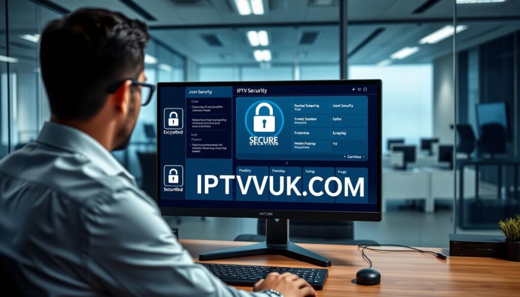 A modern office environment focused on IPTV security, featuring a sleek desktop with a high-resolution monitor displaying secure streaming options. In the foreground, a professional individual in business attire is analyzing data, with a security dashboard on the screen highlighting encryption and protection features. The middle layer includes elements like a locked padlock icon and digital security protocols in subtle graphics around the monitor. In the background, a contemporary office layout with glass walls and high-tech gadgets set a secure and advanced atmosphere. Soft, focused lighting illuminates the workspace, conveying a sense of professionalism and urgency regarding IPTV security. The brand name "IPTVVUK.COM" is subtly integrated into the design of the monitor display.