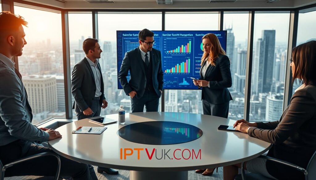A modern office space focusing on IPTV subscriber growth strategies. In the foreground, a diverse group of four professionals, two men and two women, engaged in a dynamic brainstorming session around a sleek, round table. They are dressed in professional business attire, showcasing collaboration and innovation. The middle ground features a large digital screen displaying colorful graphs and statistics related to subscriber growth and retention strategies, emphasizing data-driven decisions. In the background, large windows reveal a bustling cityscape, symbolizing the expansive market reach of IPTV services. Soft, natural lighting filters through the windows, creating an optimistic and productive atmosphere. The overall mood reflects teamwork, strategy, and technological advancement, with subtle branding of IPTVVUK.COM incorporated into the visuals.