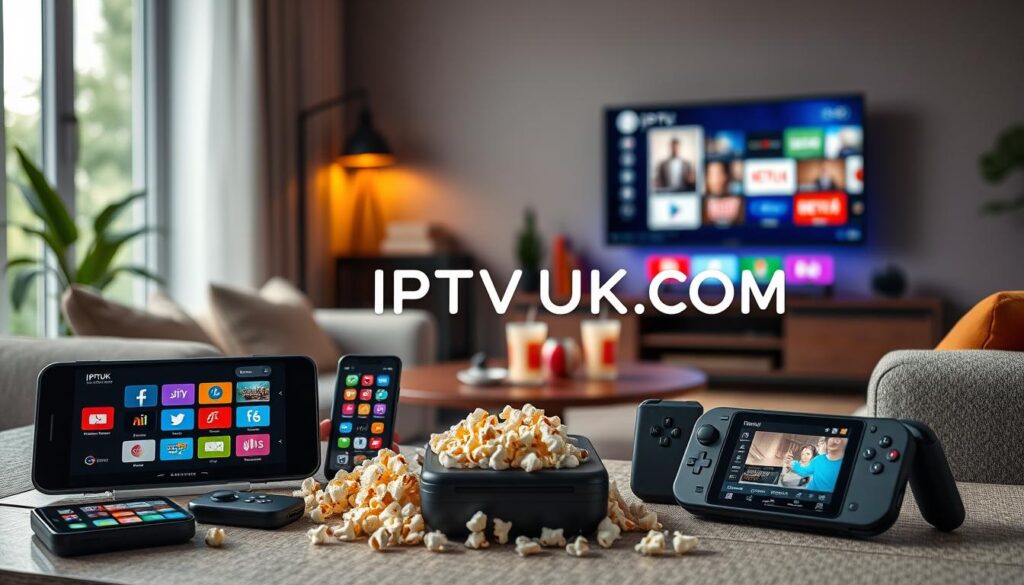 A modern setup featuring mobile streaming devices prominently in the foreground, showcasing a variety of gadgets such as smartphones, tablets, and handheld streaming consoles. Each device displays vibrant, colorful interfaces of popular streaming platforms. The middle ground should include a cozy living space, with a comfortable couch and a stylish coffee table scattered with popcorn and drinks, enhancing the inviting atmosphere. In the background, there should be a soft-focus entertainment unit equipped with a flat-screen TV displaying an IPTV interface, with subdued ambient lighting creating a warm and relaxed mood. Use a slight overhead angle to capture depth and context, with a soft natural light filtering in from a nearby window. This image conveys a sense of connectivity and modernity. Include the brand name "IPTVVUK.COM" stylishly integrated into the environment.