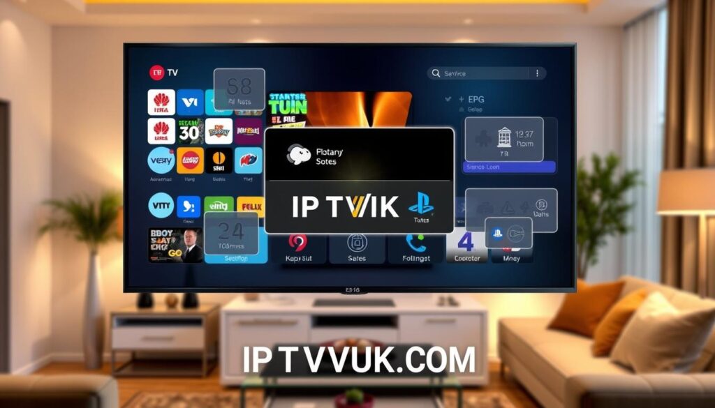 A modern, sleek digital interface showcasing the features of EPG IPTV services. In the foreground, a high-resolution screen displays an interactive TV guide with vibrant icons representing various channels and genres. The middle layer features floating graphical elements illustrating user-friendly navigation, program schedules, and a search bar, all seamlessly integrated into the interface. In the background, a softly blurred living room with cozy lighting, featuring a stylish TV console and comfortable seating, enhances the home entertainment feel. Use warm colors and soft shadows to create an inviting atmosphere, while maintaining a professional look. The lens should be slightly angled downward, emphasizing the screen details and the user experience. Include the brand name "IPTVVUK.COM" subtly within the design elements without text overlays. A modern, sleek digital interface showcasing the features of EPG IPTV services. In the foreground, a high-resolution screen displays an interactive TV guide with vibrant icons representing various channels and genres. The middle layer features floating graphical elements illustrating user-friendly navigation, program schedules, and a search bar, all seamlessly integrated into the interface. In the background, a softly blurred living room with cozy lighting, featuring a stylish TV console and comfortable seating, enhances the home entertainment feel. Use warm colors and soft shadows to create an inviting atmosphere, while maintaining a professional look. The lens should be slightly angled downward, emphasizing the screen details and the user experience. Include the brand name "IPTVVUK.COM" subtly within the design elements without text overlays.