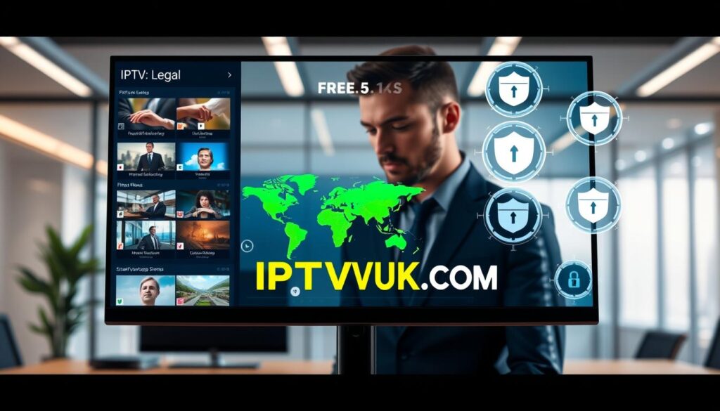 A modern, sleek digital workspace showcasing free IPTV security features. In the foreground, a stylish computer monitor displays various IPTV streaming options, with a focus on a vibrant global map highlighting legal and security elements. The middle layer features a professional individual in business attire, intently analyzing the screen, surrounded by icons representing cybersecurity measures like padlocks and shields. The background should depict a high-tech office environment with soft, diffused lighting to create a calm and secure atmosphere. Use a wide-angle perspective to enhance the feeling of space and connectivity. Incorporate the brand "IPTVVUK.COM" subtly on the computer screen, ensuring it blends seamlessly into the digital theme.