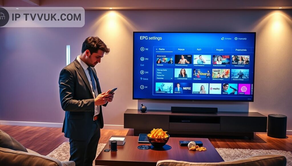 A modern, sleek living room setting showcasing a large wall-mounted TV displaying a vibrant and user-friendly EPG interface. In the foreground, a professional individual, dressed in smart casual attire, interacts with a tablet, customizing their EPG settings. The middle ground features a stylish coffee table with remote controls and snacks, enhancing the relaxed atmosphere. In the background, soft club lighting illuminates the space, creating a warm, inviting glow. The scene captures the essence of personalization in IPTV services, with clear visual elements like program categories, icons, and colorful thumbnails. The overall mood is one of convenience and modern technology, emphasizing ease of use and control. The brand "IPTVVUK.COM" is subtly integrated into the EPG display without text overlays. The composition is shot from a slightly elevated angle to encompass all elements harmoniously. A modern, sleek living room setting showcasing a large wall-mounted TV displaying a vibrant and user-friendly EPG interface. In the foreground, a professional individual, dressed in smart casual attire, interacts with a tablet, customizing their EPG settings. The middle ground features a stylish coffee table with remote controls and snacks, enhancing the relaxed atmosphere. In the background, soft club lighting illuminates the space, creating a warm, inviting glow. The scene captures the essence of personalization in IPTV services, with clear visual elements like program categories, icons, and colorful thumbnails. The overall mood is one of convenience and modern technology, emphasizing ease of use and control. The brand "IPTVVUK.COM" is subtly integrated into the EPG display without text overlays. The composition is shot from a slightly elevated angle to encompass all elements harmoniously.