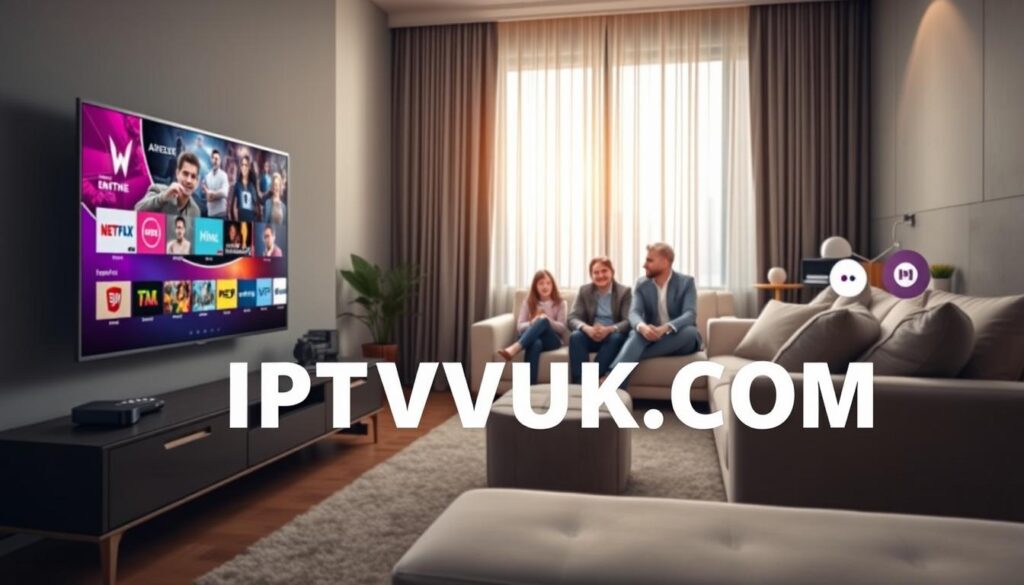 A modern, sleek living room setting showcasing an IPTV service provider. In the foreground, a stylish TV stand holds a flat-screen television displaying a vibrant interface of IPTV services, representing various channels and content categories. The middle ground features a cozy sofa adorned with plush cushions, where a family is seated, looking engaged and happy, dressed in professional business attire. The background blends soft lighting from a large window with curtains, allowing warm natural light to flood the room. Subtle technology elements like a streaming device and remote controls are visible. A modern design aesthetic creates an inviting atmosphere, with the brand name "IPTVVUK.COM" subtly integrated into the TV interface, enhancing the focus on IPTV services without any text or distractions.