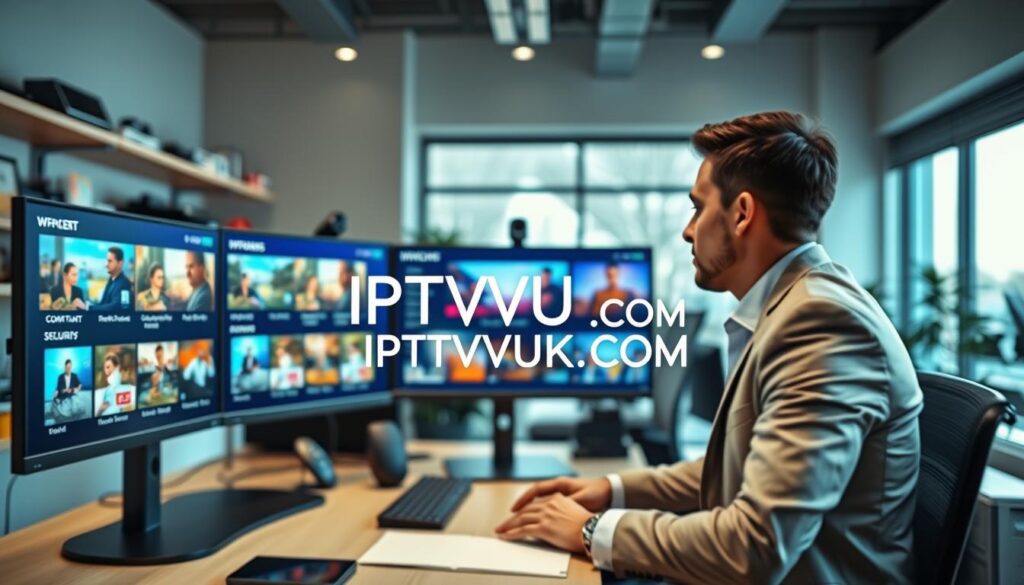 A modern, sleek office environment showcasing a computer desk with multiple screens displaying a vibrant user interface for IPTV server selection. In the foreground, a well-dressed professional, male or female, is intently examining the various IPTV options on the screens. The middle ground features a blurred view of streaming content frames, symbols indicating security features, and icons for fast channel switching. In the background, there are shelves with tech gadgets and a large window letting in soft natural light, creating an inviting atmosphere. The overall mood is focused and professional, emphasizing technology and innovation in streaming services. The brand name "IPTVVUK.COM" appears subtly integrated into the screen display, emphasizing the service's authority and trustworthiness. Use a wide-angle lens effect to capture the entire scene dynamically.