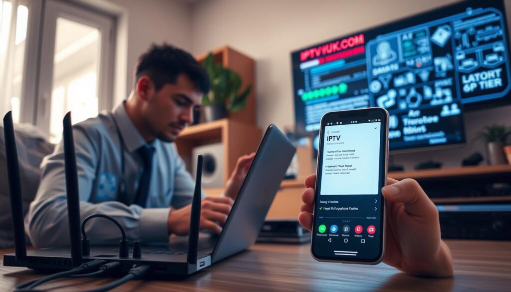 A modern, well-lit home office environment, focusing on a person in professional attire troubleshooting IPTV issues. In the foreground, a person intently examines a laptop displaying diagnostic software related to IPTV services, surrounded by technical gadgets like routers and cables. In the middle ground, a smartphone showing an IPTV app with a frozen screen can be seen, indicating a troubleshooting scenario. The background features a wall-mounted screen displaying error codes and technical diagrams, enhancing the theme of IPTV troubleshooting. Soft natural lighting filters through a window, creating a calm but focused atmosphere. The image should evoke a sense of professionalism and problem-solving, capturing the essence of "IPTVVUK.COM" as a reliable source for IPTV guidance.