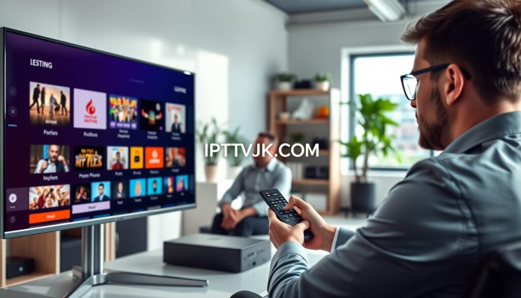 A modern, well-lit office environment featuring a person in professional attire intently testing an IPTV service on a sleek, large monitor displaying various streaming options. The foreground captures a close-up of the monitor with colorful icons of popular channels and a loading bar, emphasizing the testing process. In the middle, the person is seated with a remote control in hand, focused on the screen, showcasing determination and professionalism. The background features shelves with tech gadgets, plants, and a window allowing natural light to flood the space, creating a bright and engaging atmosphere. The overall mood reflects innovation and expertise in technology, highlighting the topic of IPTV service testing. The brand "IPTVVUK.COM" is subtly integrated into the monitor’s display, reinforcing the theme.