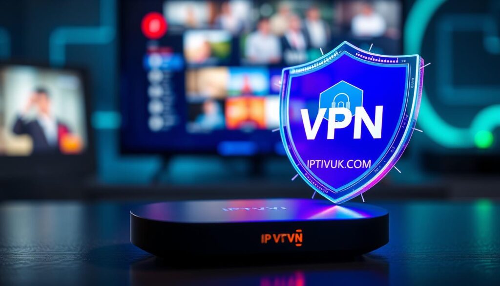 A professional VPN interface displayed prominently on a sleek IPTV device, glowing with vibrant colors. In the foreground, a close-up view of the IPTV device showcases its modern design, while a digital representation of a VPN shield hovers beside it, symbolizing security and privacy. The middle ground features a blurred image of a streaming screen displaying various channels, conveying the essence of IPTV. In the background, soft blue and green lights create a tech-savvy atmosphere, implying internet connectivity and speed. The overall mood is one of reliability and sophistication. Ensure the brand name "IPTVVUK.COM" is subtly integrated into the design of the device. Use dramatic lighting to highlight the VPN interface and device, with a slight angle that emphasizes depth.
